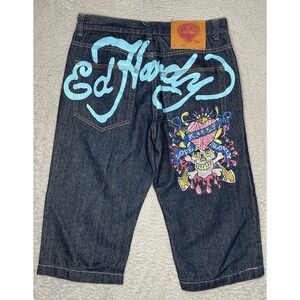 Vintage Y2K Ed Hardy "Kills Love Slowly" Denim Jean Shorts Mens 34 Skater HEMMED